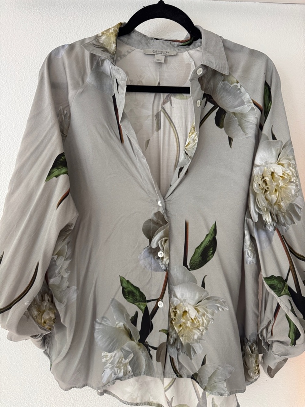 All Saints Silk Floral Button-Down Blouse in Light Gray
